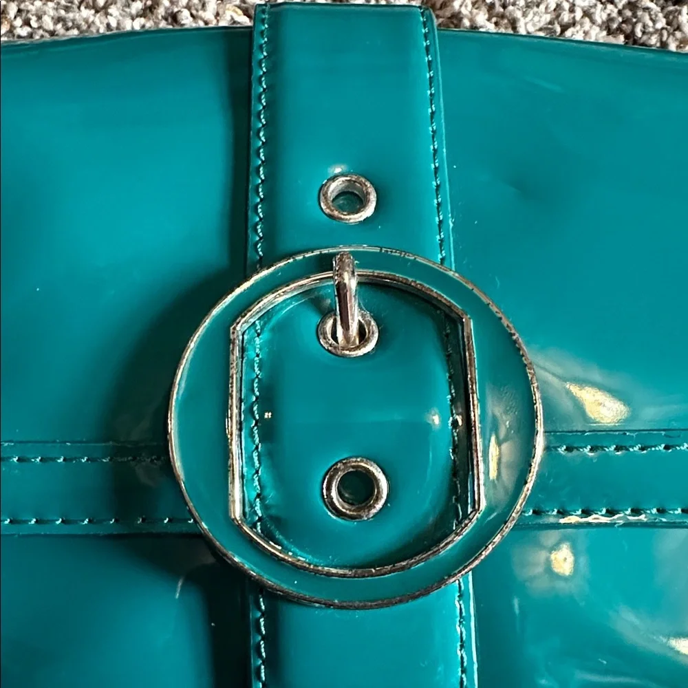 NWT Ann Taylor Y2K Teal Patent Buckled Baguette Bag